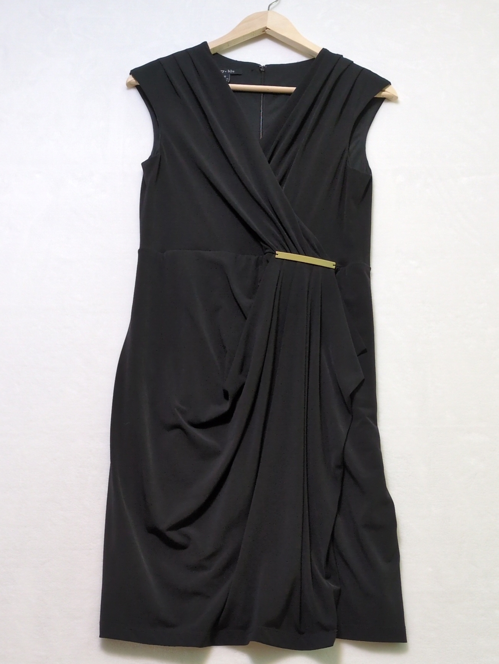 Ivy + Blu Draped Faux Wrap Sheath Dress 6 Black Gold Bar Accent Knee Length LBD